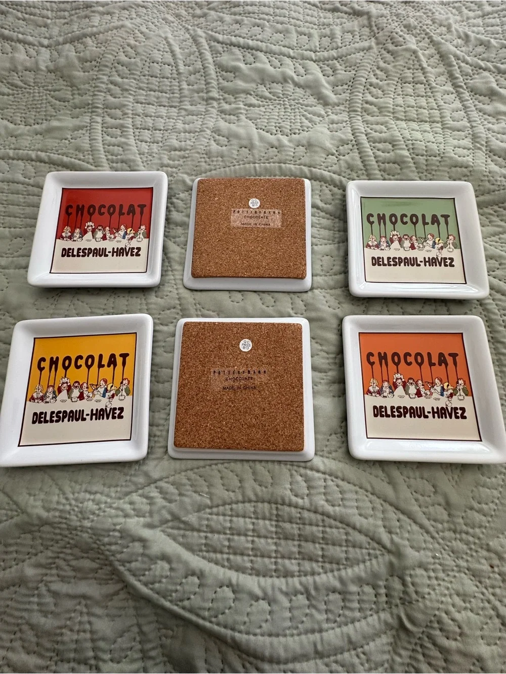 Pottery Barn Set of 6- Multicolor “Chocolat” Coasters- Square Ceramic